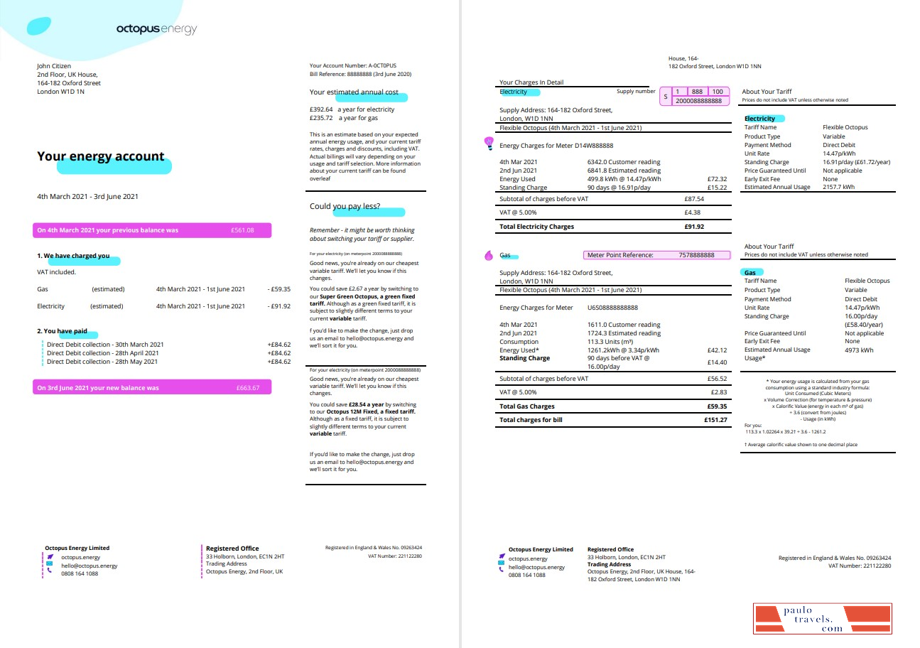 United Kingdom Octopus Energy utility bill template in Word and PDF format, 3 pages 1 2